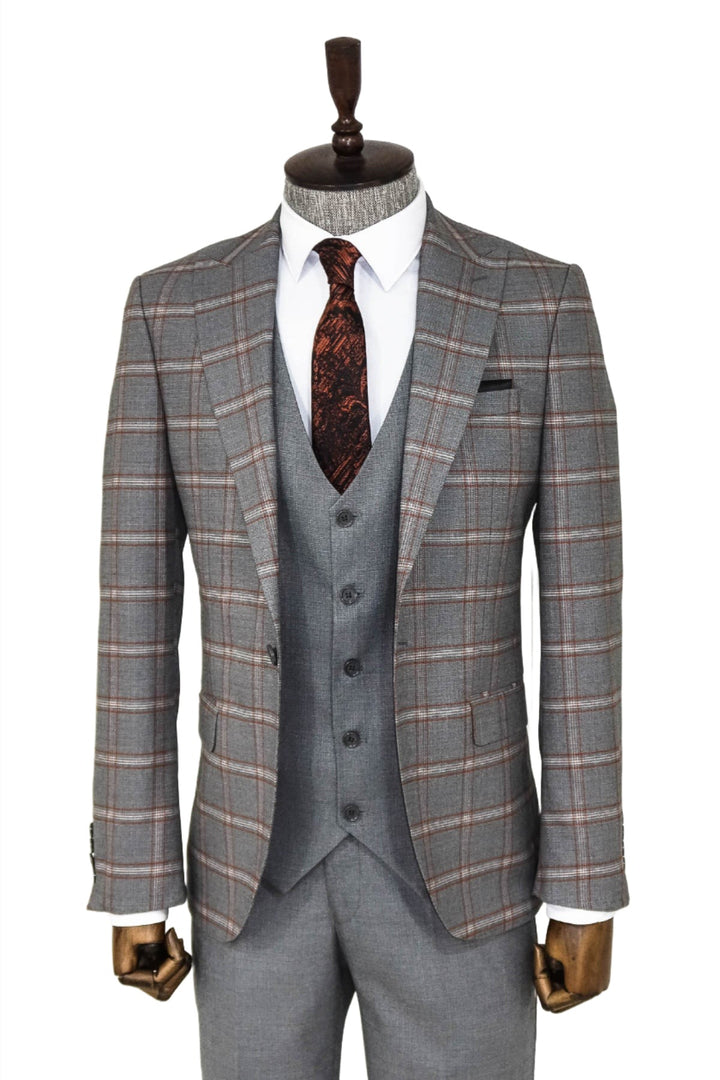 Checked Patterned Grey Slim Fit Suit - Wessi