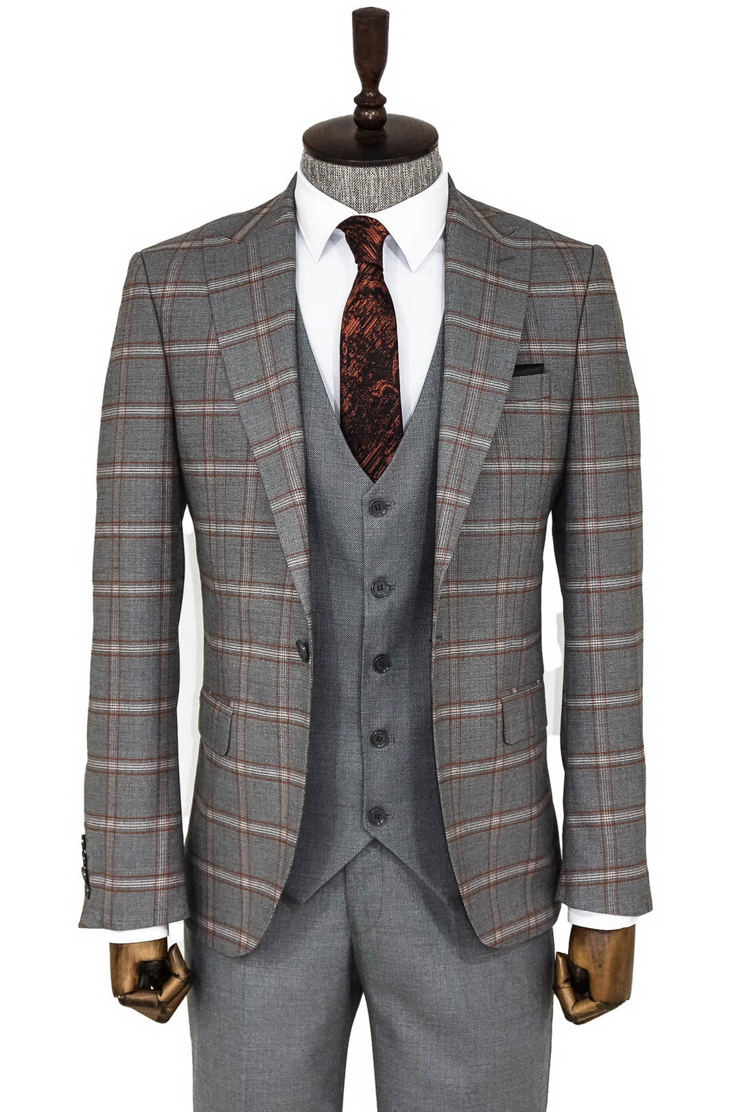 Checked Patterned Grey Slim Fit Suit - Wessi
