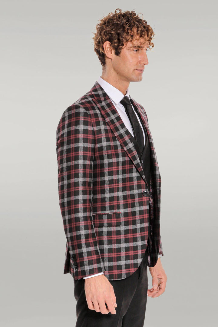 Traje blazer de cuadros burdeos slim fit negro para hombre - Wessi