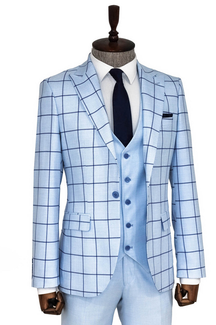 Slim Fit Patterned Light Blue Men Combination Suit - Wessi