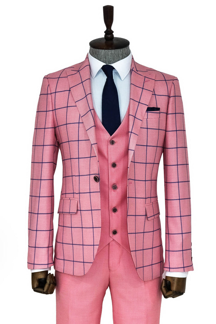 Slim Fit Patterned Pink Men Combination Suit - Wessi