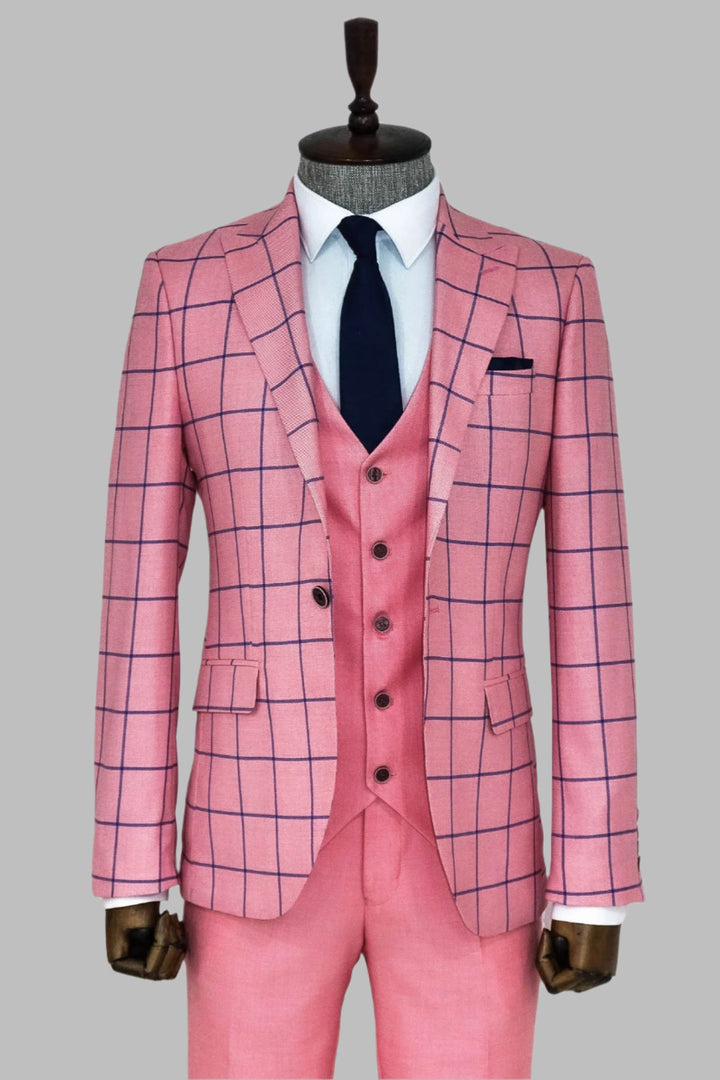 Slim Fit Patterned Pink Men Combination Suit - Wessi