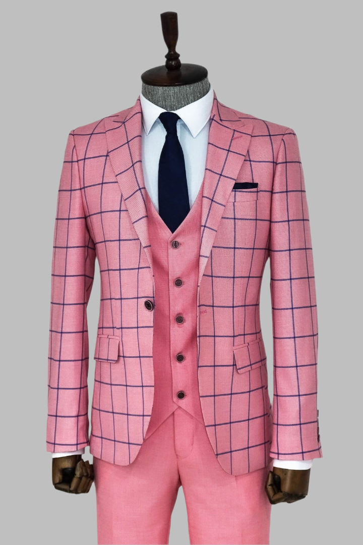 Slim Fit Patterned Pink Men Combination Suit - Wessi