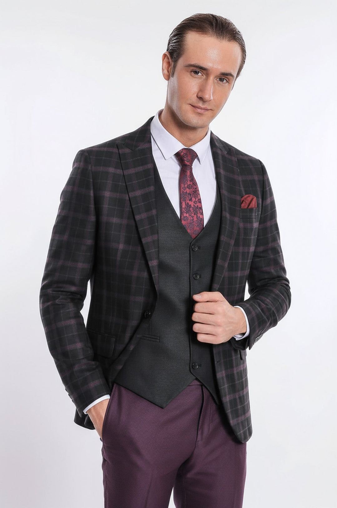 Costume Homme Violet Veste Slim Fit à Carreaux Noir - Wessi