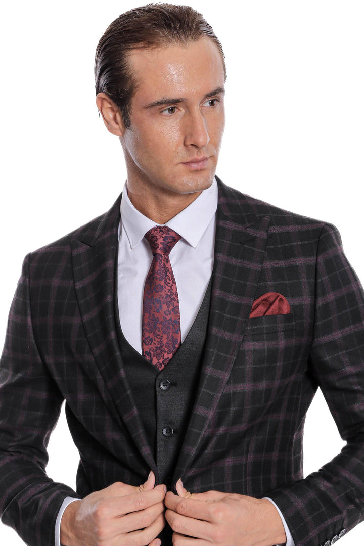 Abito da uomo nero a quadretti slim fit gilet viola - Wessi