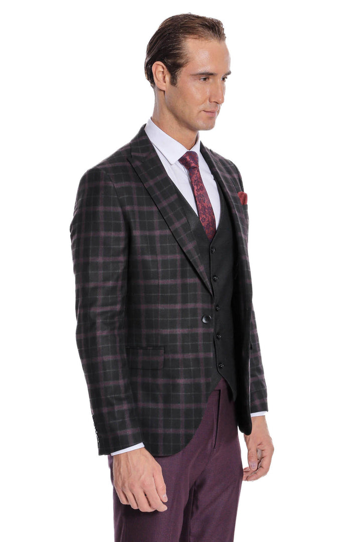 Abito da uomo nero a quadretti slim fit gilet viola - Wessi