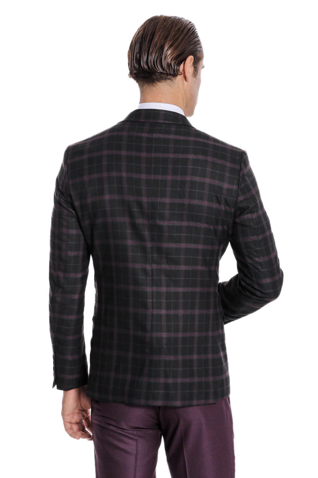 Abito da uomo nero a quadretti slim fit gilet viola - Wessi