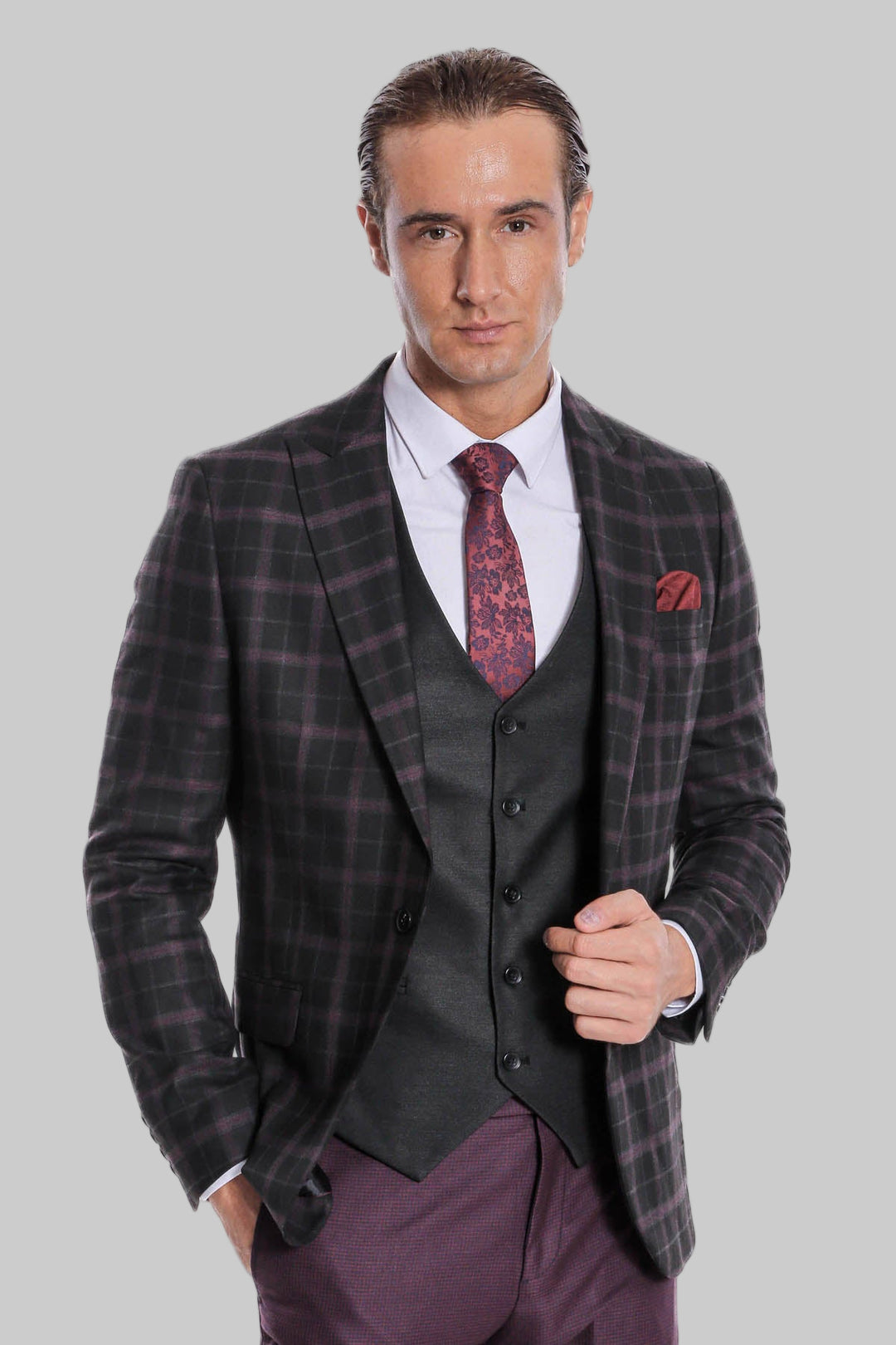 Abito da uomo nero a quadretti slim fit gilet viola - Wessi