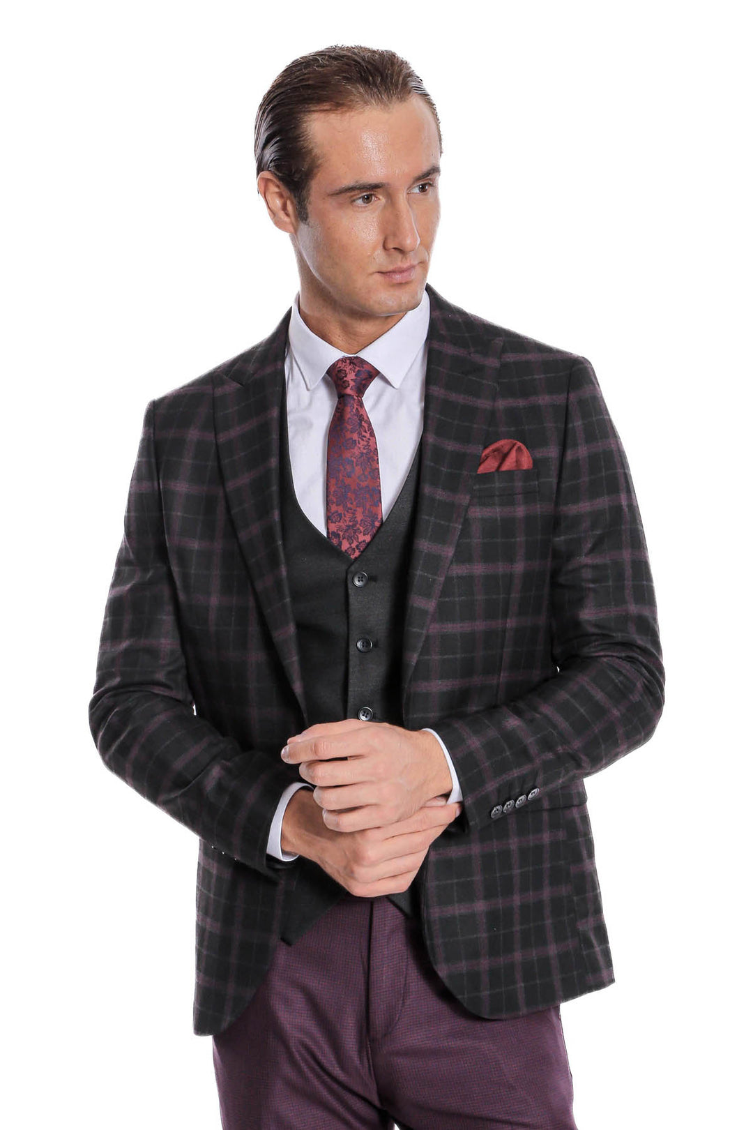 Abito da uomo nero a quadretti slim fit gilet viola - Wessi