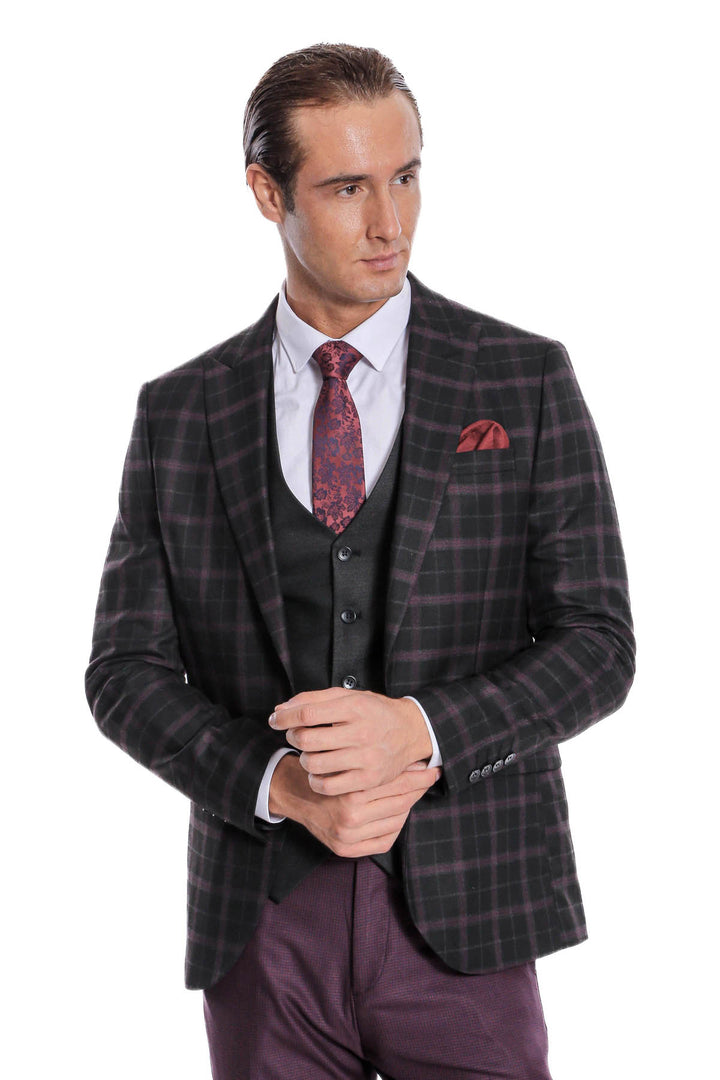 Abito da uomo nero a quadretti slim fit gilet viola - Wessi
