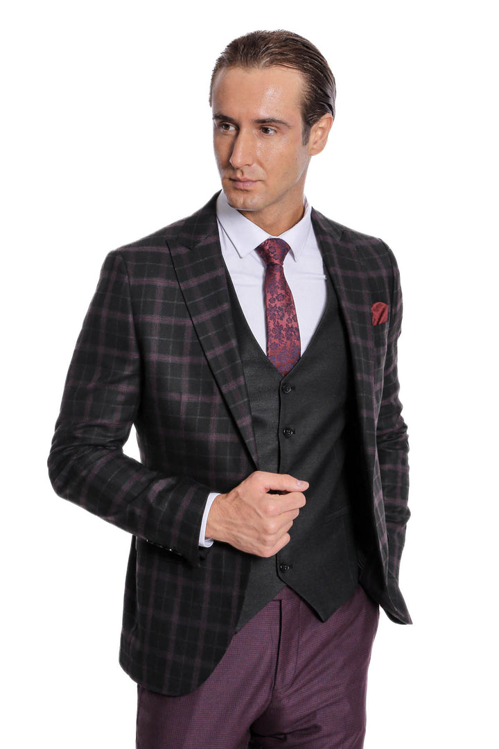 Abito da uomo nero a quadretti slim fit gilet viola - Wessi