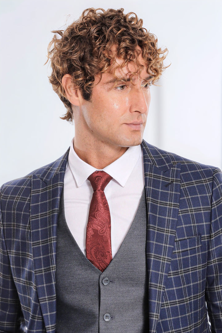Traje azul marino slim fit a cuadros para hombre - Wessi