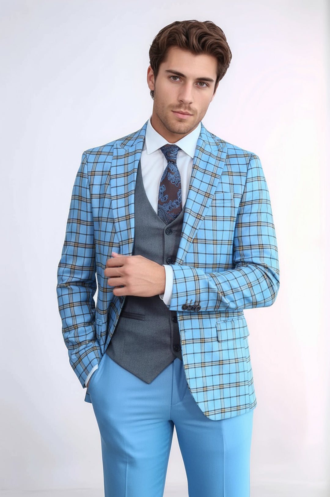 Grey Vested Slim Fit Checked Light Blue Men Suit - Wessi
