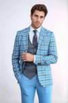 Grey Vested Slim Fit Checked Light Blue Men Suit - Wessi