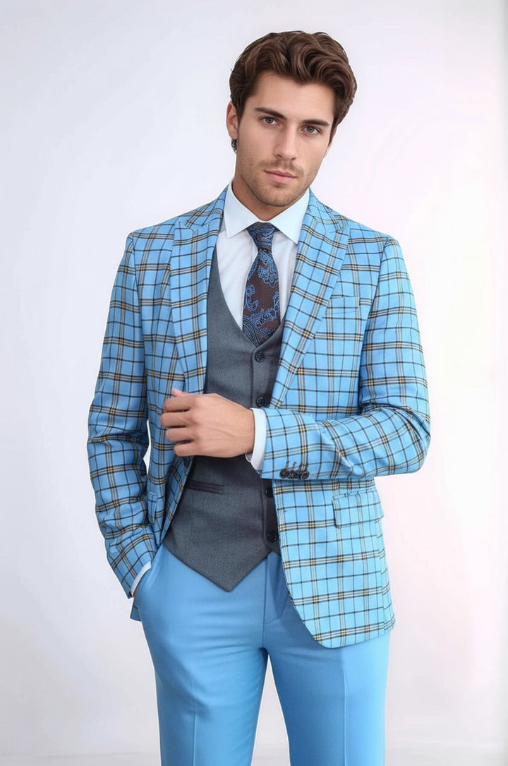 Costume Homme Gris Veste Slim Fit À Carreaux Bleu Clair - Wessi