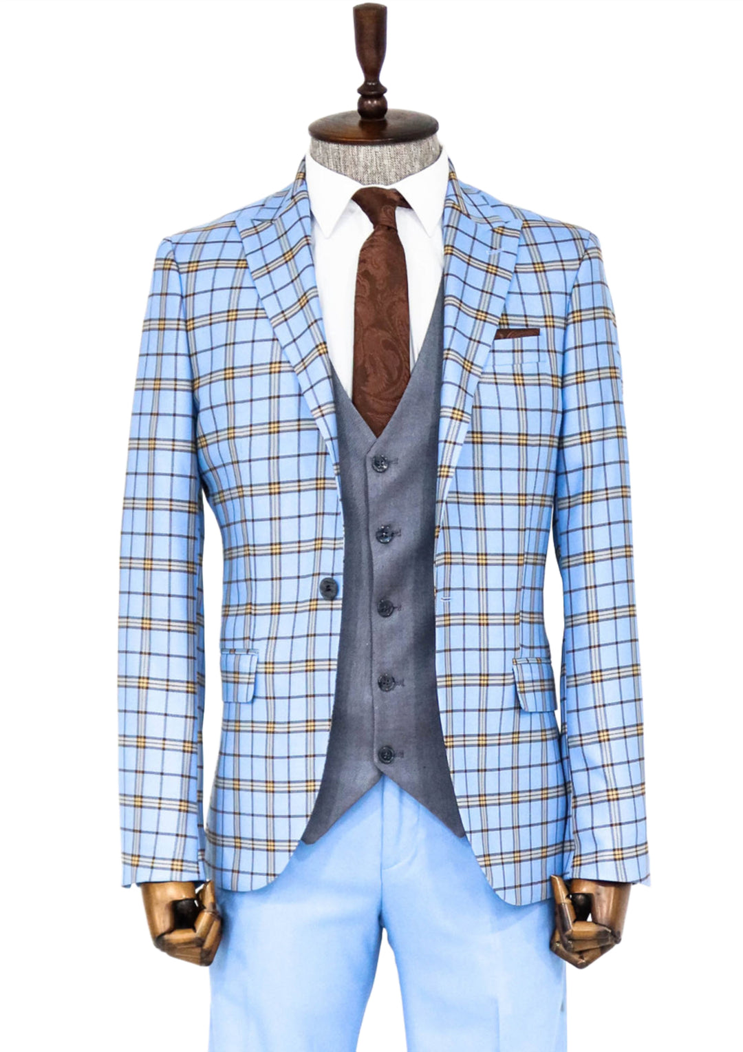 Grey Vested Slim Fit Checked Light Blue Men Suit and Shirt Combination- Wessi