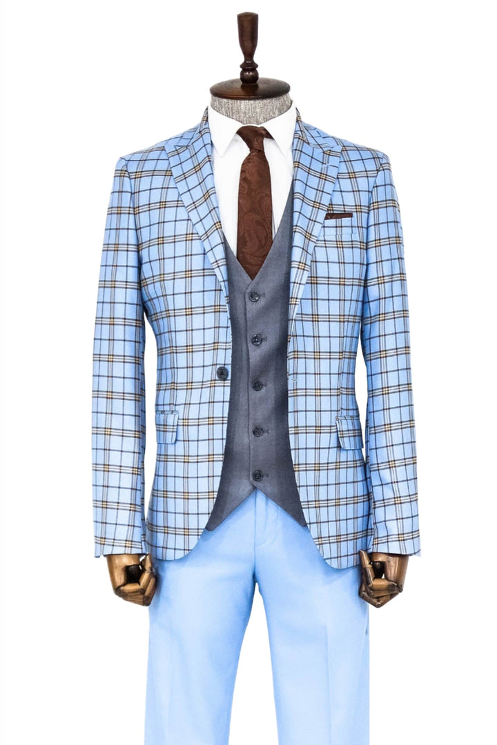 Grey Vested Slim Fit Checked Light Blue Men Suit - Wessi