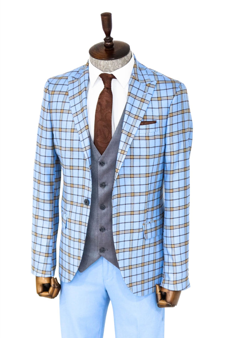 Grey Vested Slim Fit Checked Light Blue Men Suit and Shirt Combination- Wessi