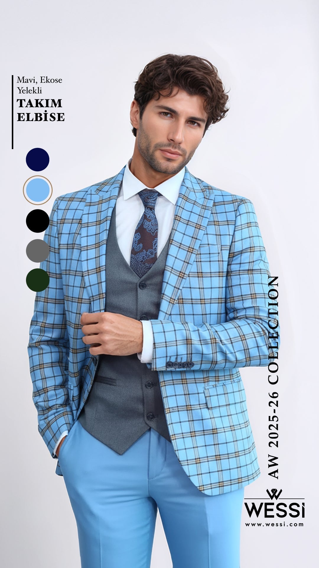 Costume Homme Gris Veste Slim Fit À Carreaux Bleu Clair - Wessi