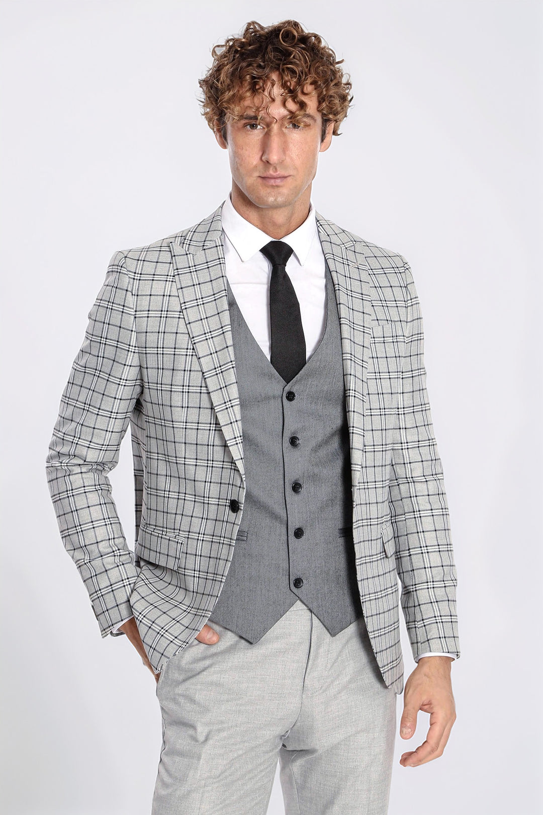 Traje gris sin mangas a cuadros slim fit para hombre gris claro - Wessi