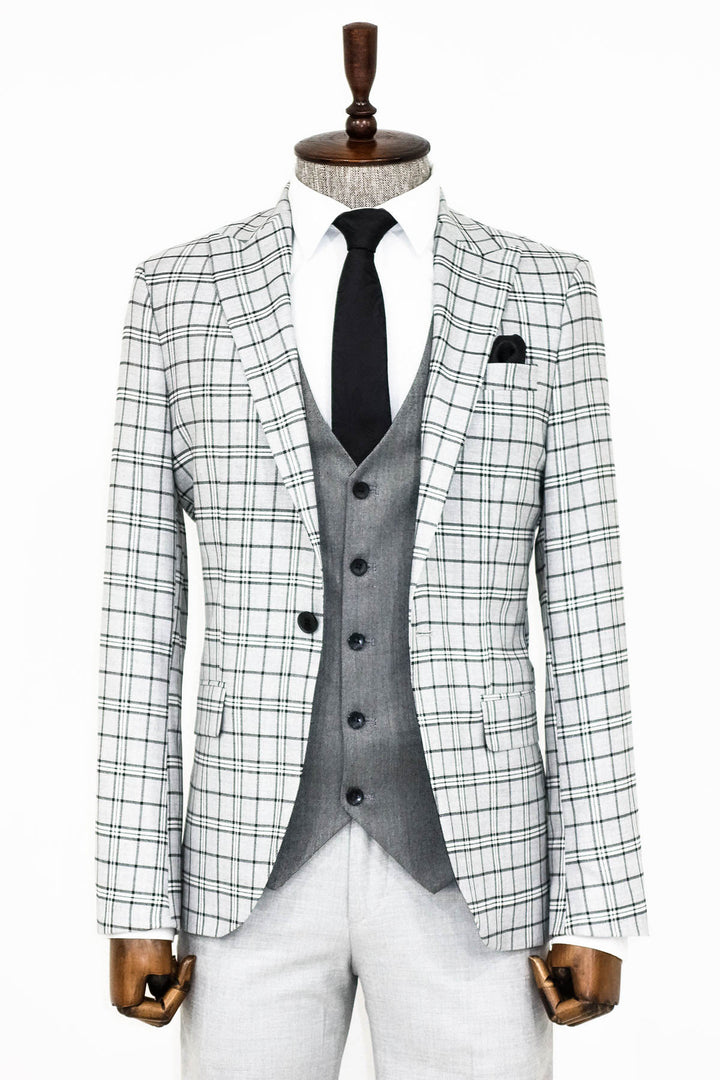 Grey Vested Slim Fit Checked Light Grey Men Suit - Wessi
