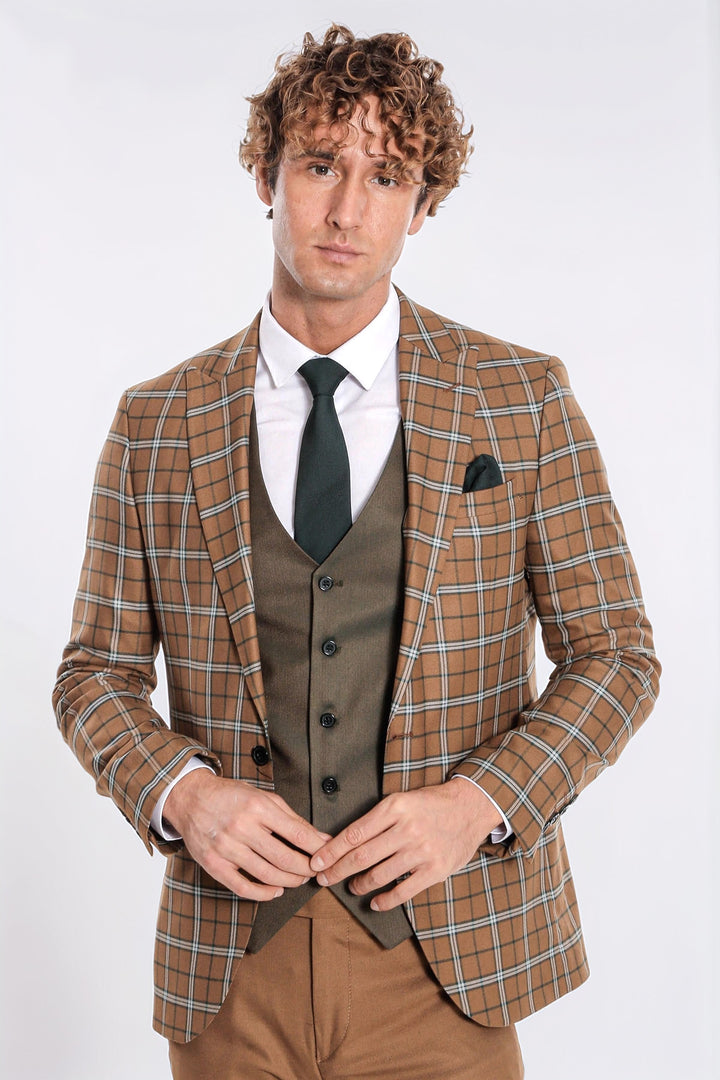 Traje de hombre marrón sin mangas a cuadros slim fit color canela - Wessi