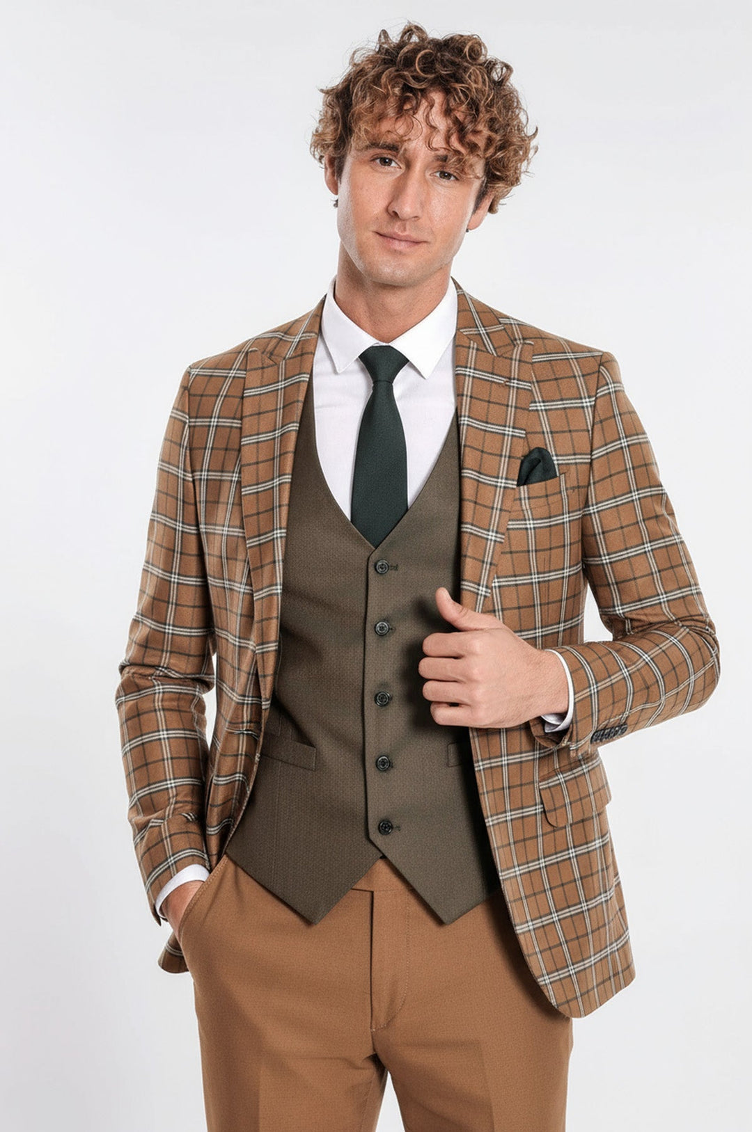 Costume Homme Marron Veste Slim Fit à Carreaux - Wessi