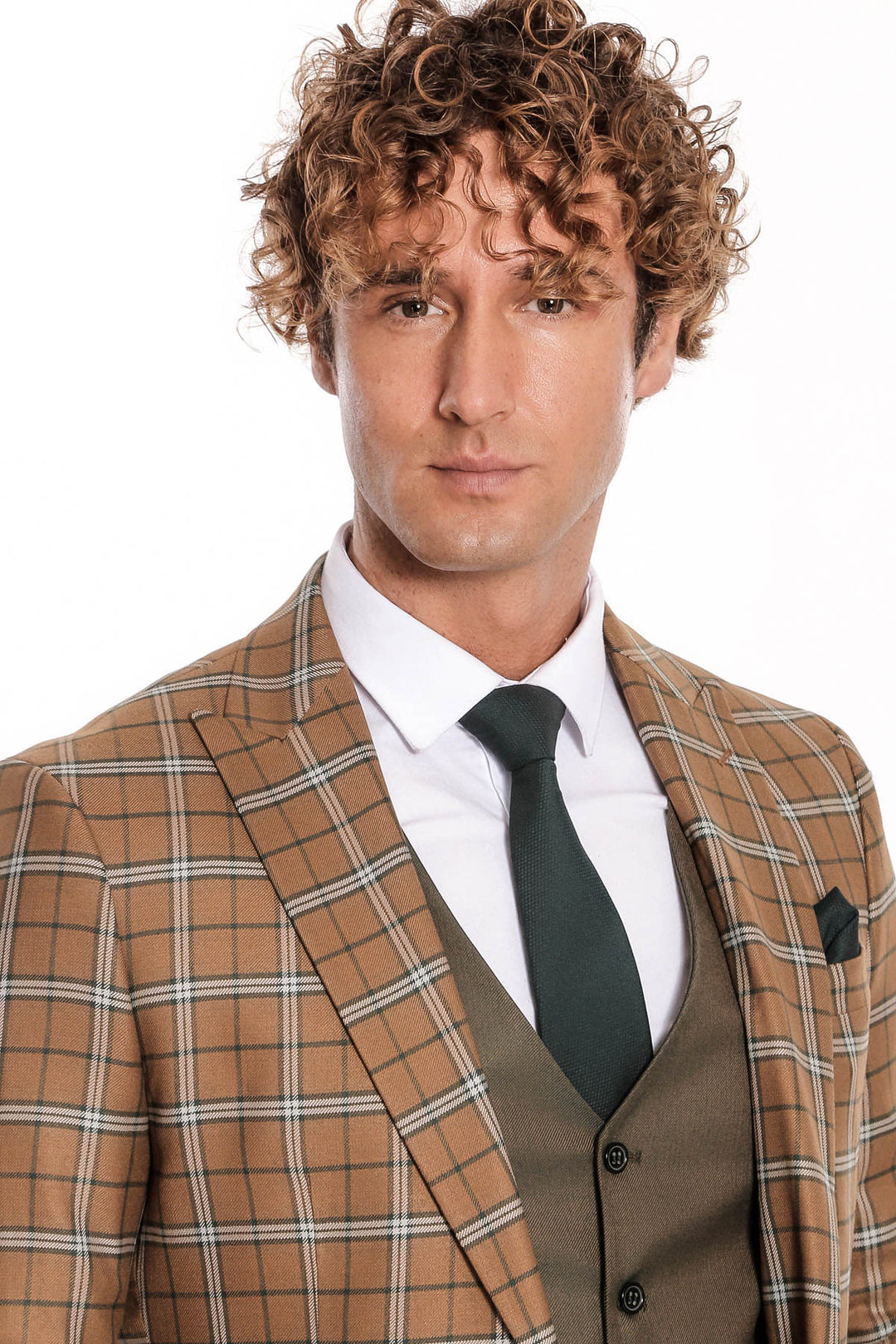 Brown Vested Slim Fit Checked Tan Men Suit - Wessi