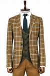 Brown Vested Slim Fit Checked Tan Men Suit - Wessi