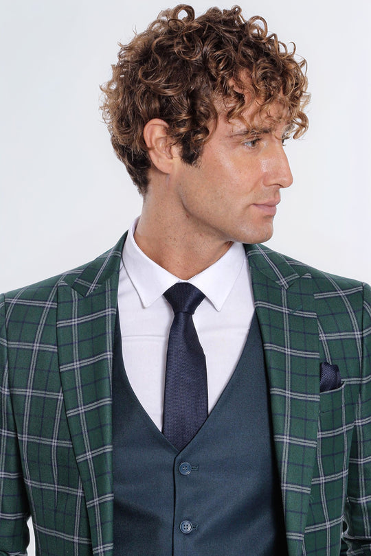 Blue Vested Slim Fit Checked Green Men Suit - Wessi