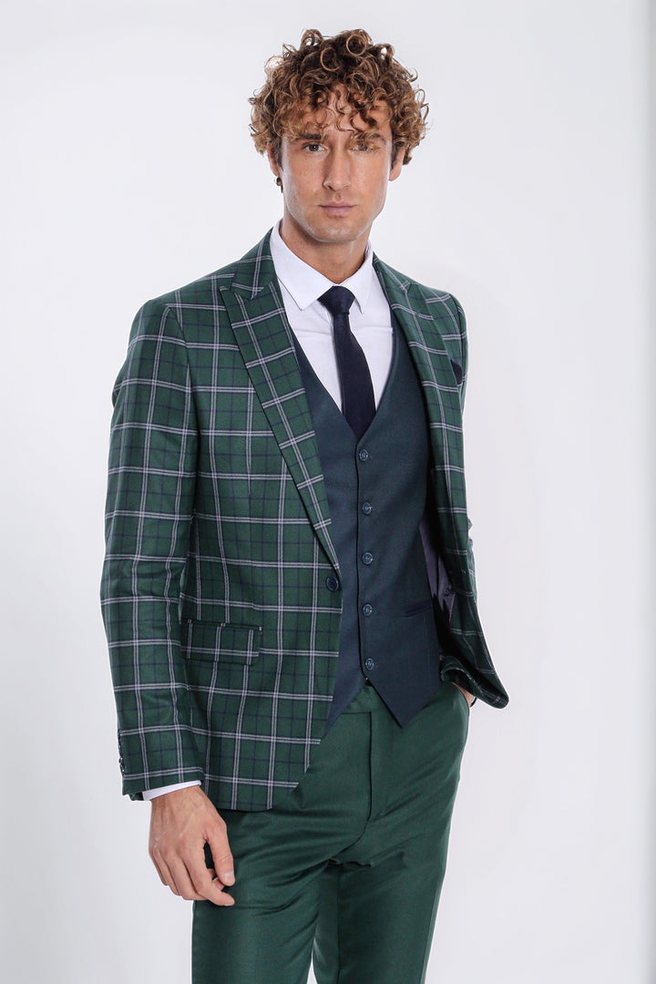 Traje azul sin mangas a cuadros verde slim fit para hombre - Wessi