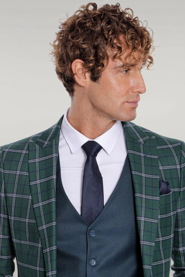 Blue Vested Slim Fit Checked Green Men Suit - Wessi