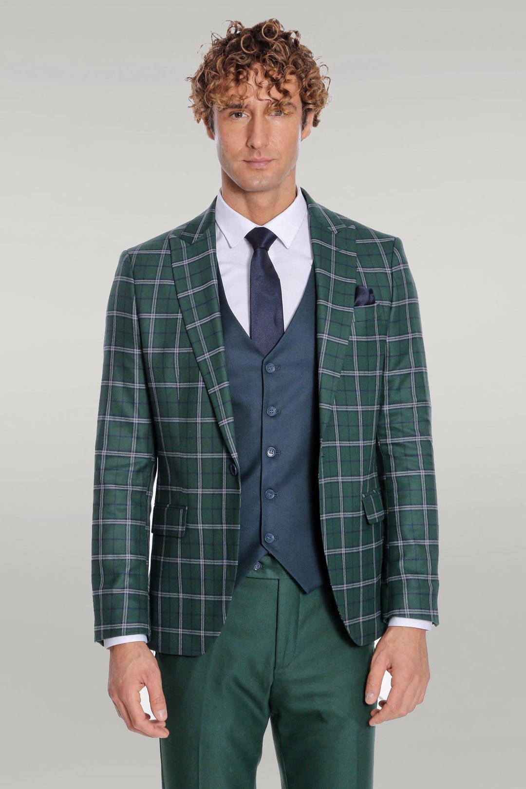 Blue Vested Slim Fit Checked Green Men Suit - Wessi