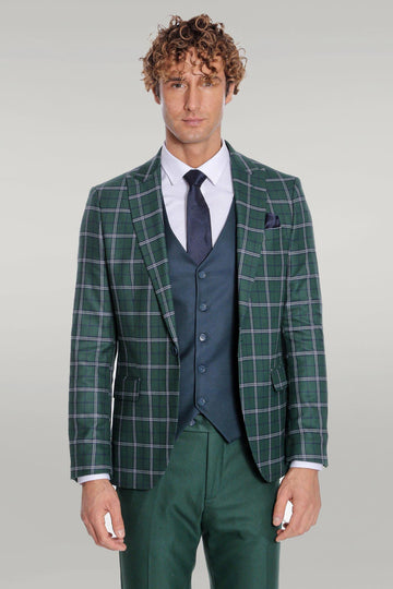 Blue Vested Slim Fit Checked Green Men Suit - Wessi