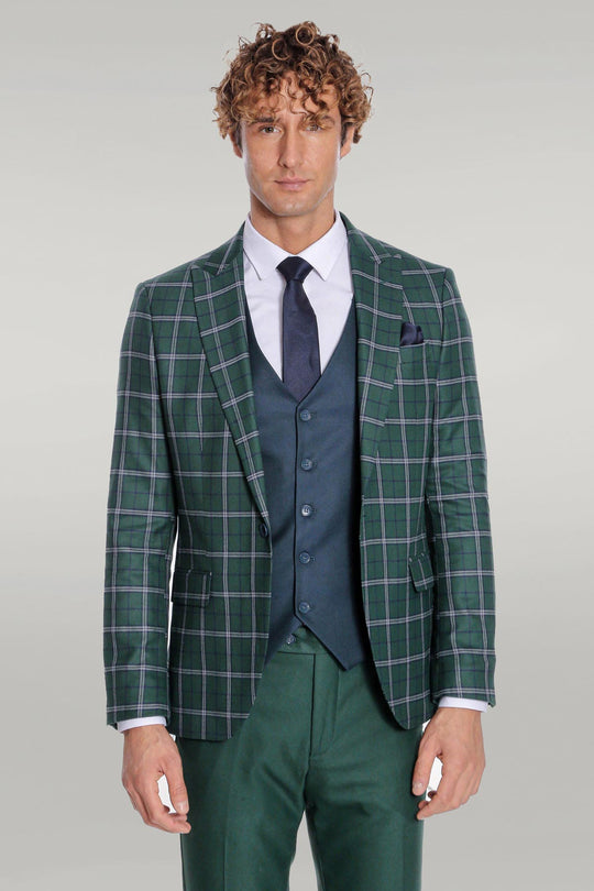 Blue Vested Slim Fit Checked Green Men Suit - Wessi
