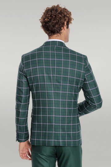 Blue Vested Slim Fit Checked Green Men Suit - Wessi