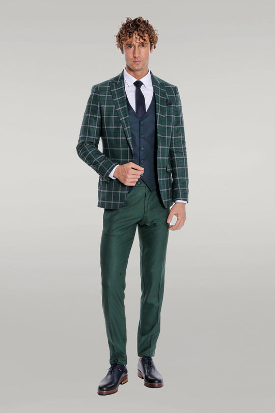 Blue Vested Slim Fit Checked Green Men Suit - Wessi