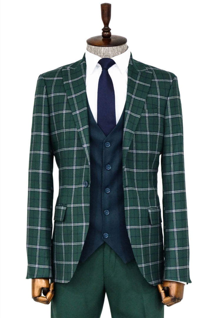 Blue Gilet Slim Fit a Quadri Green Completo da Uomo e Combinazione Camicia - Wessi