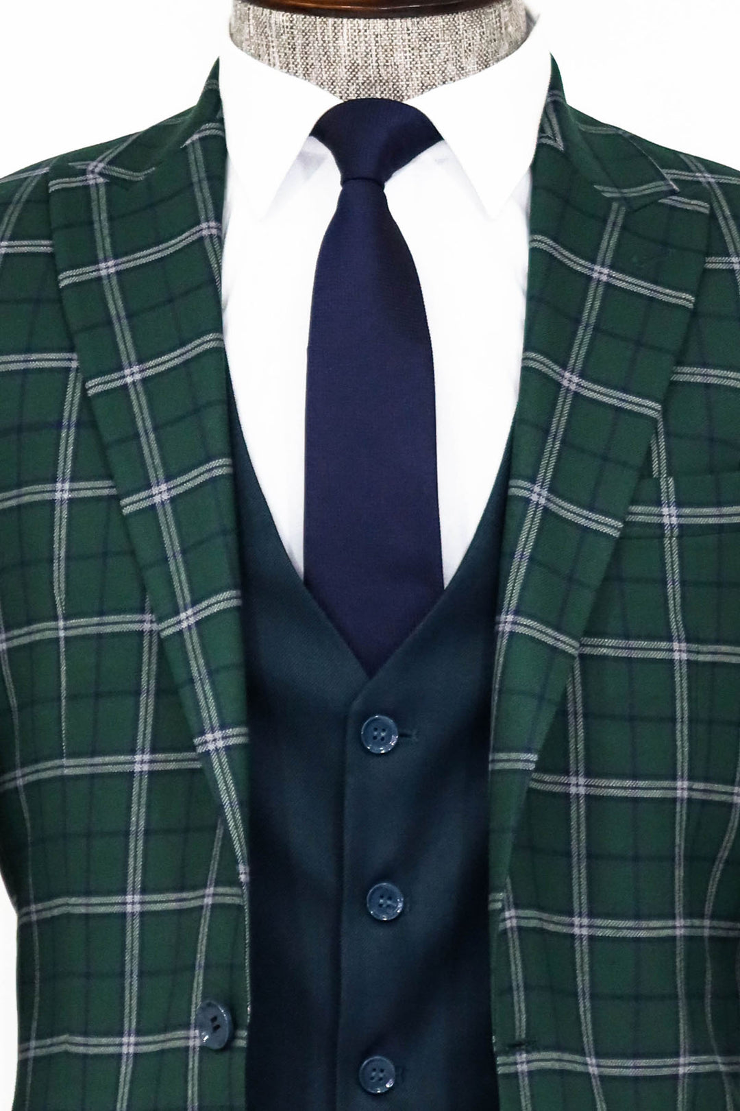 Blue Vested Slim Fit Checked Green Men Suit and Shirt Combination- Wessi