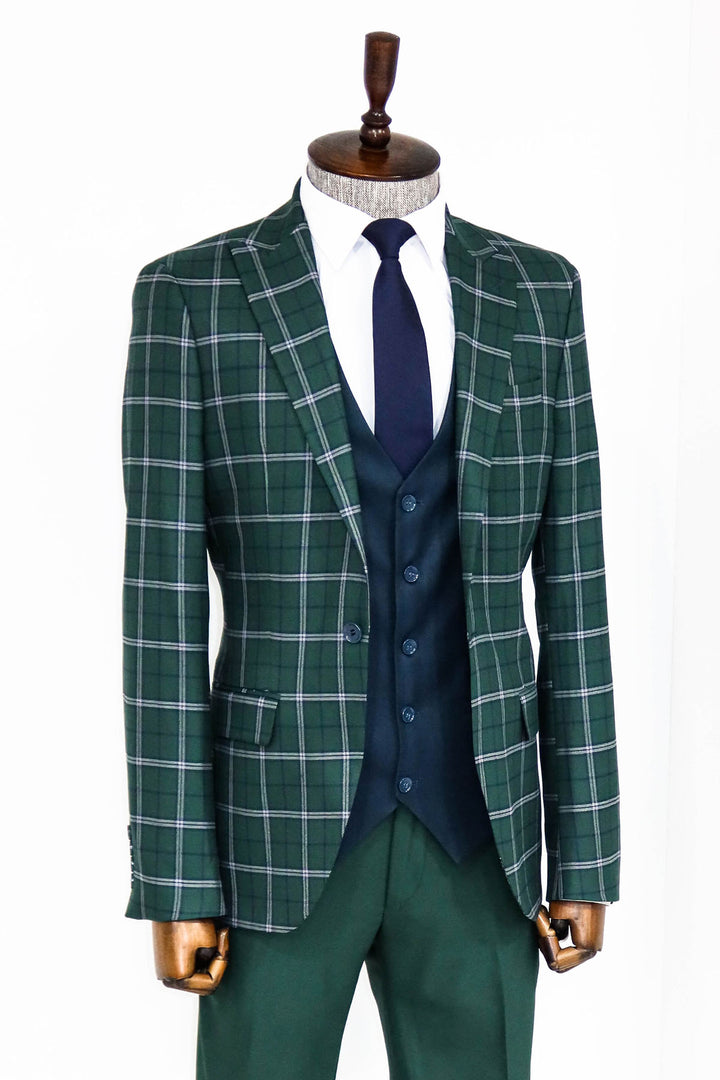 Blue Vested Slim Fit Checked Green Men Suit and Shirt Combination- Wessi