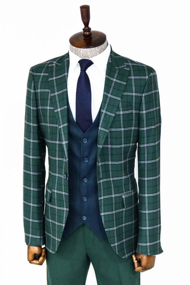 Blue Gilet Slim Fit a Quadri Green Completo da Uomo e Combinazione Camicia - Wessi