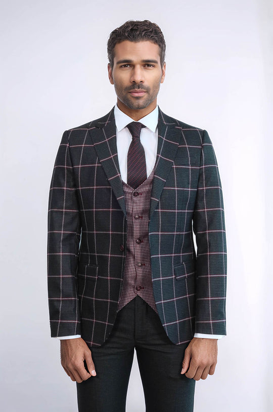 Traje de hombre negro estampado cuadros slim fit - Wessi