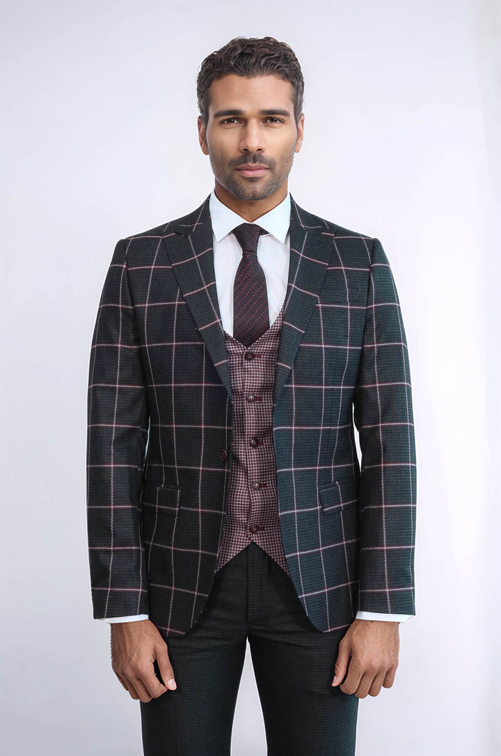 Checked Patterned Slim Fit Black Men Suit - Wessi