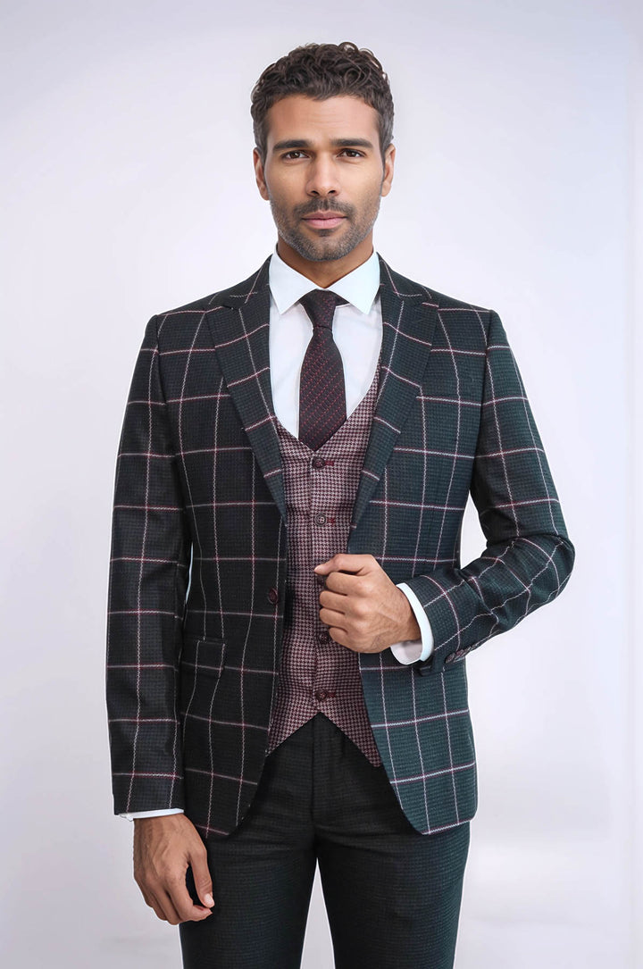 Checked Patterned Slim Fit Black Men Suit - Wessi