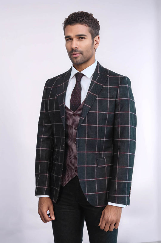 Traje de hombre negro estampado cuadros slim fit - Wessi