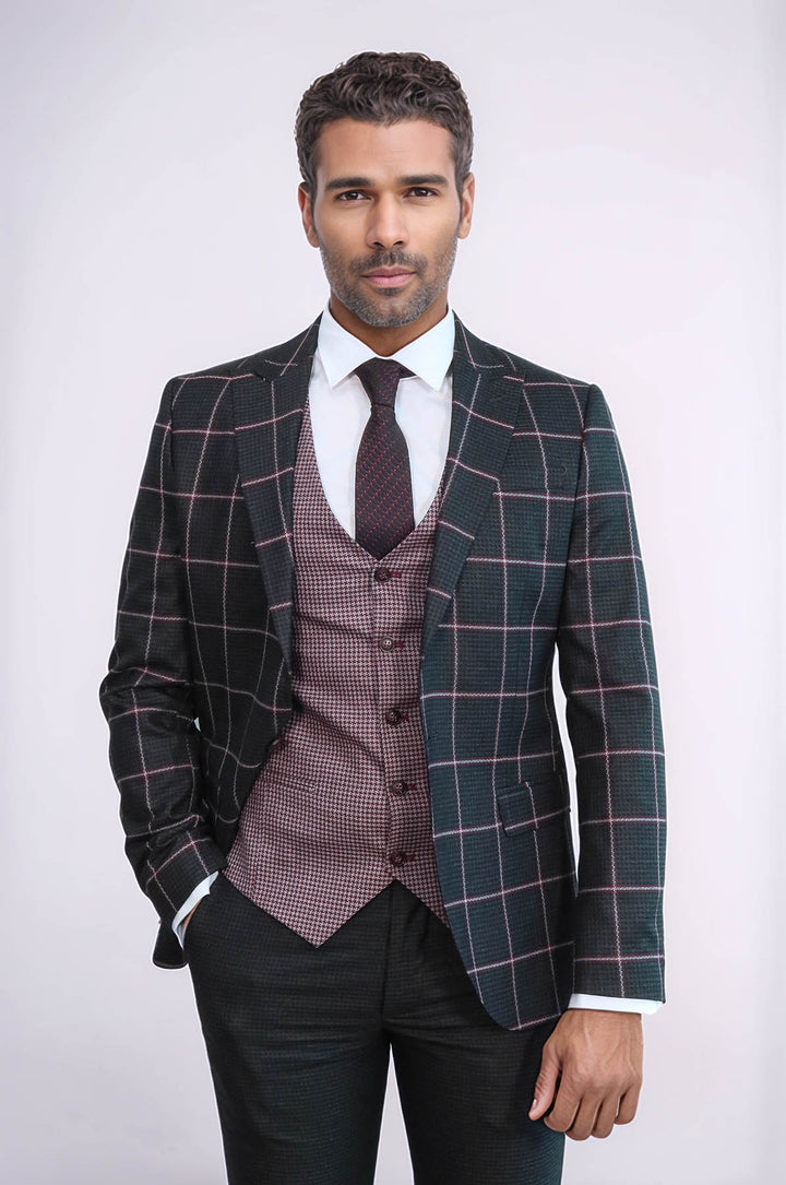 Checked Patterned Slim Fit Black Men Suit - Wessi