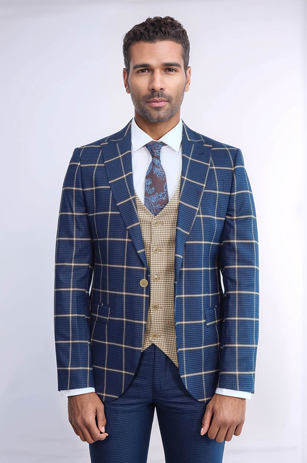 Navy Blue Checked 3-Piece Suit with Beige Vest | Wessi – Wessi