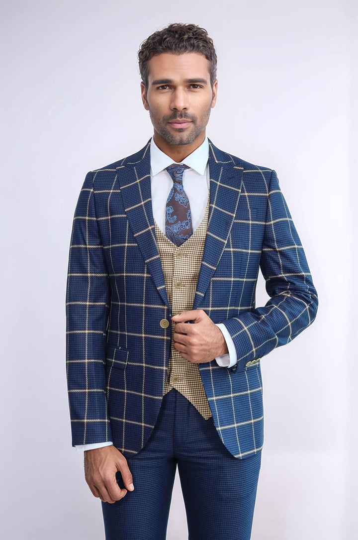 Checked Patterned Slim Fit Navy Blue Men Suit - Wessi