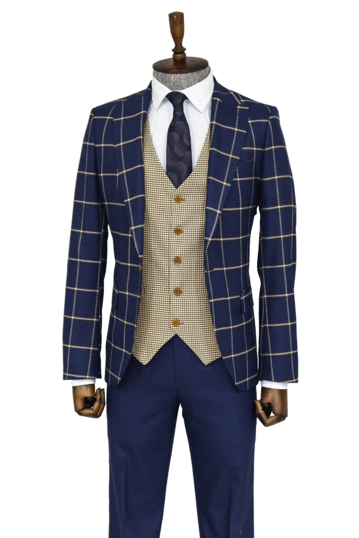 Checked Patterned Slim Fit Navy Blue Men Suit and Shirt Combination - Wessi