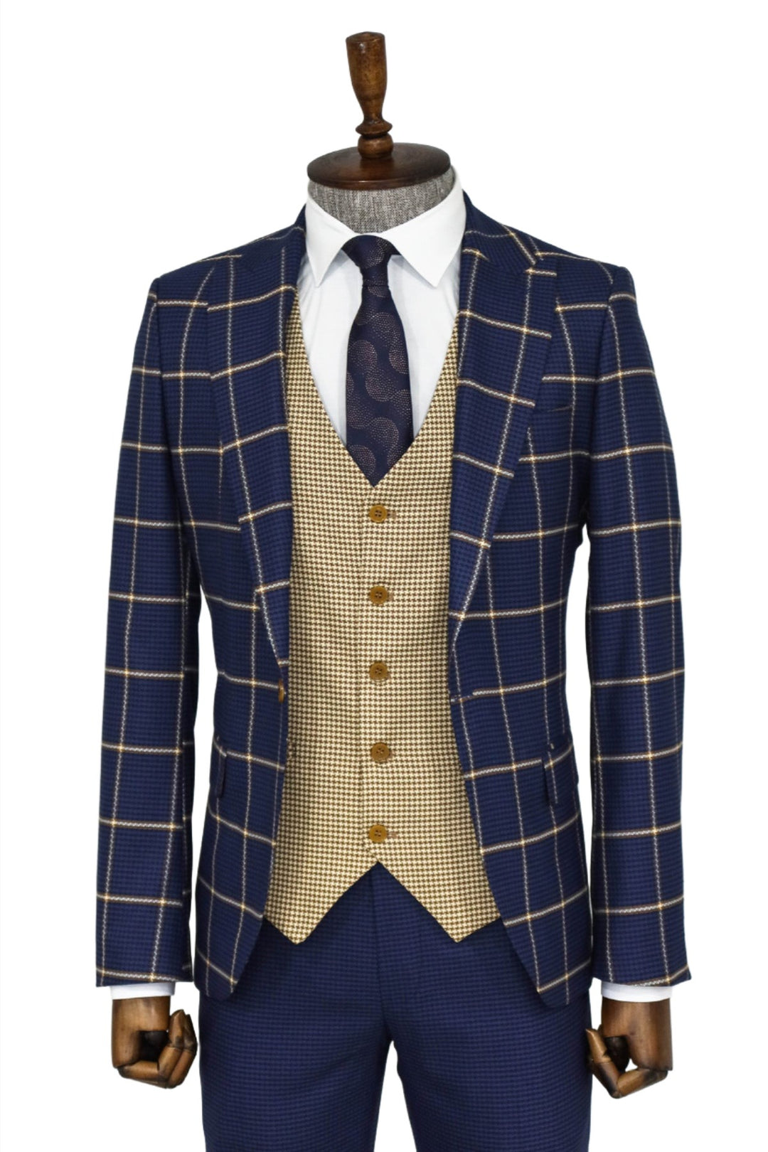 Checked Patterned Slim Fit Navy Blue Men Suit and Shirt Combination - Wessi